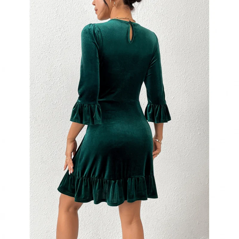 

Elegant Round Neck Ruffle Short Dress Women's Fashion2025Hot-Selling Velvet Autumn Winter New Style and American Eleg