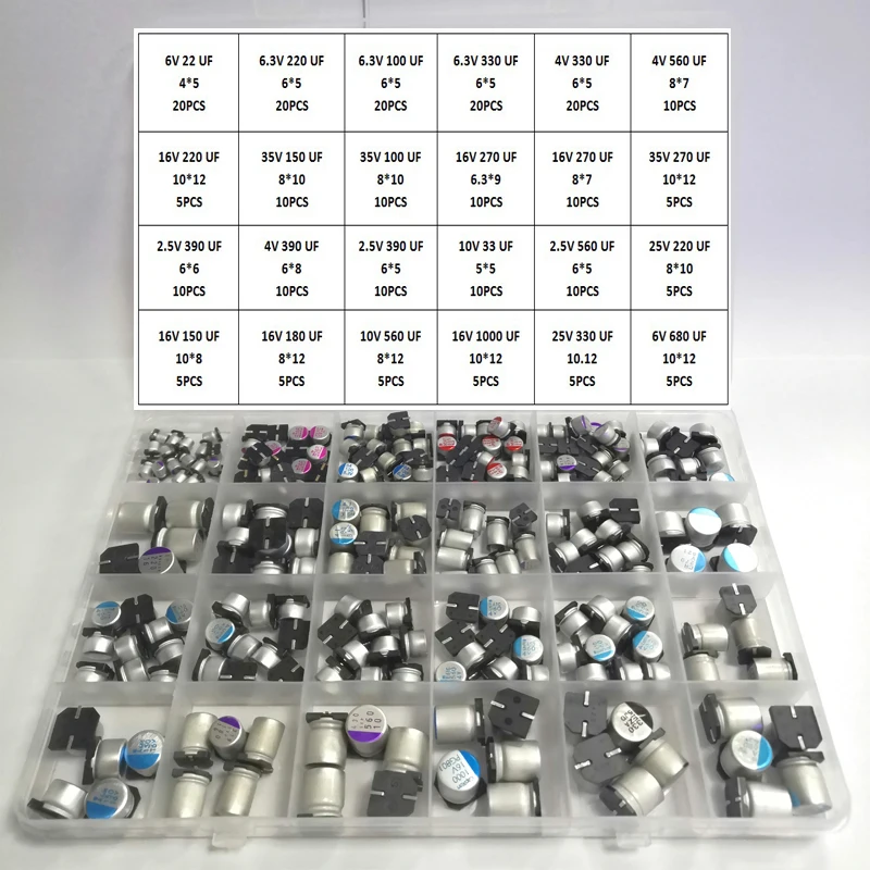 22UF~1000UF 6V-35V 245Pcs 24Value SMD Solid Electrolytic Capacitor Assortment Kit + Box