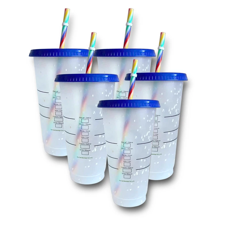 Reusable Blank Plain Plastic Cup With Color Changing Confetti Blue Cold Drink Milk Tea Juice Cup  Plastic Tumbler With Straw Lid