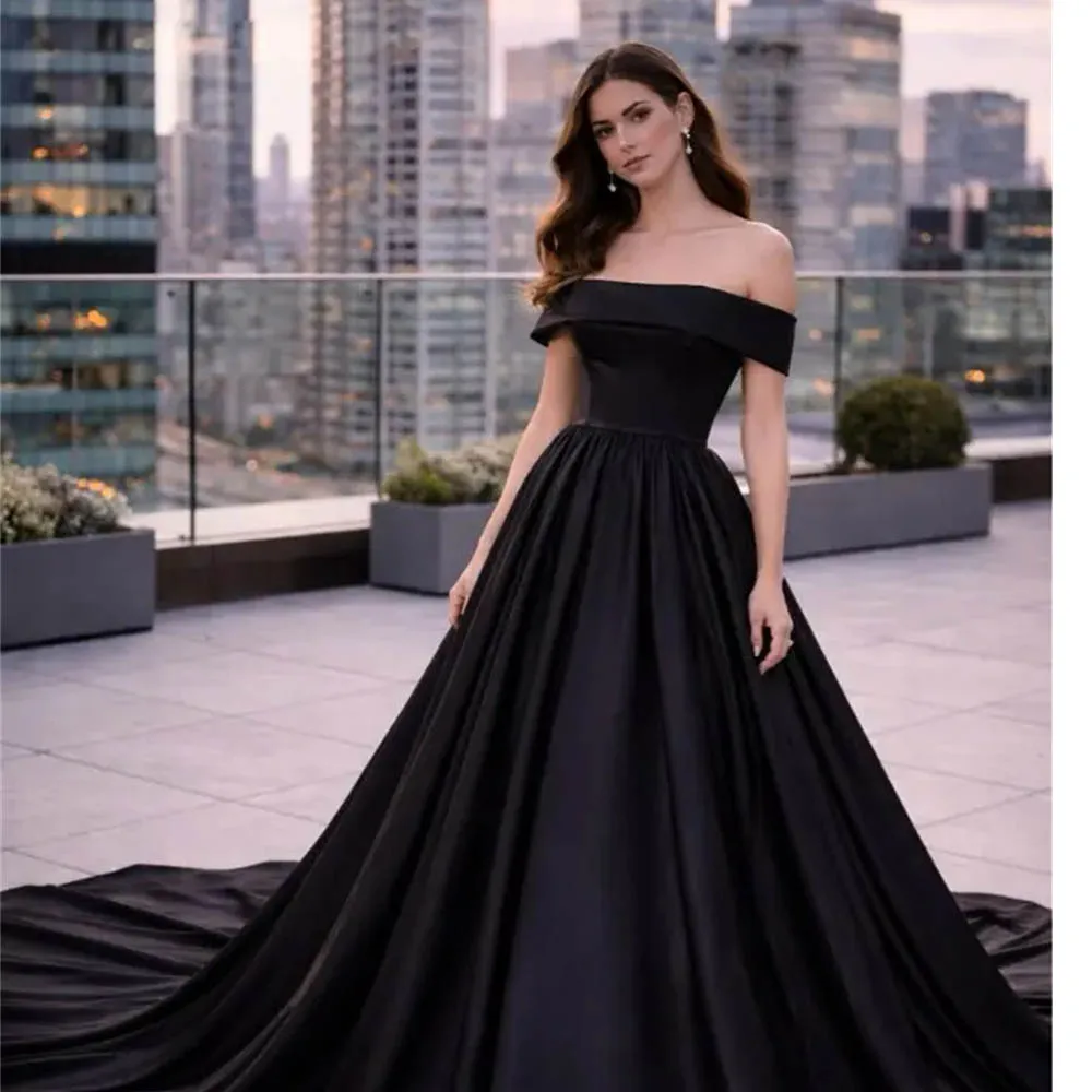 

Черное атласное свадебное платье с открытыми плечами, А-силуэт, со шлейфом, 2026 Vestido De Noival