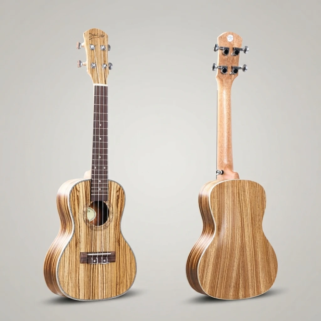 Zebra Wood Soprano Ukulele All Striped, Full Gloss Body Grain, 4 Strings, Silver Closed Tuners, Decorative Rosette for Beginners