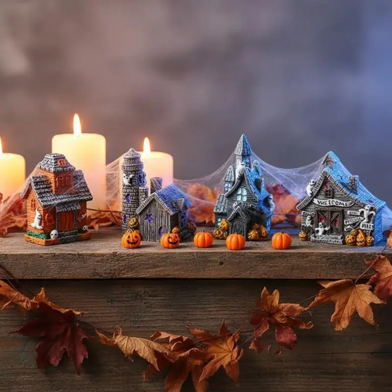 Halloween Spooky Haunted House Resin Figurine With Ghost Pumpkin Details Mini Ornament For DIY Micro Landscape Desktop Decor