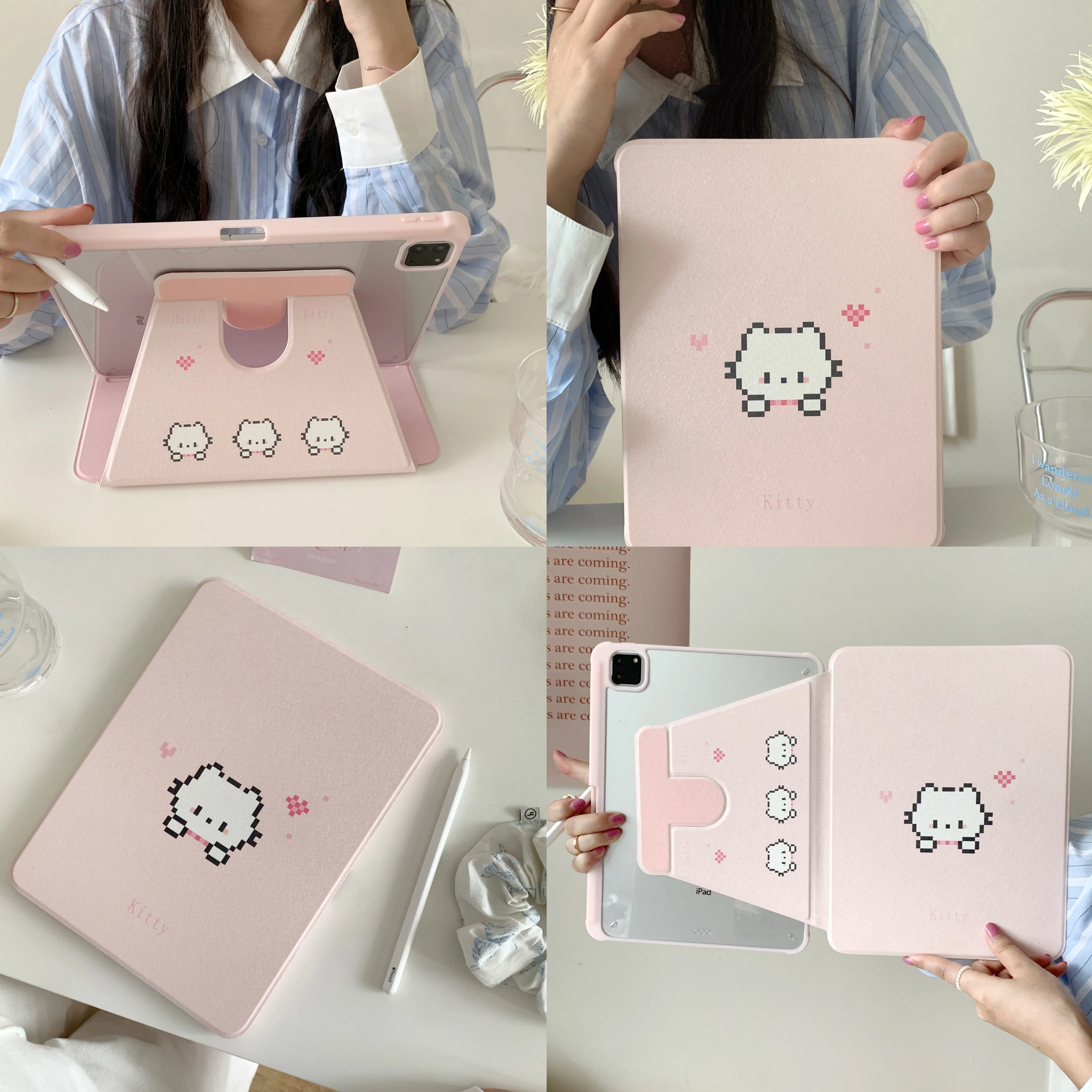 

360 Rotating Stand with Pencil Holder Cute Pixel Art Pink Kitty Tablet Case for iPad Mini 6 7 8.3in Air1/2 5 6 Pro 9.7in Cover