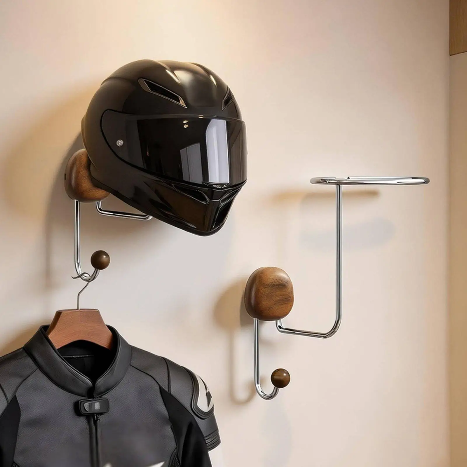 Sturdy Helmet Hanger Wall Rack for Motorcycle Gear Storage Punch Free Installation Wooden Coat Hook for Entryway Balcony