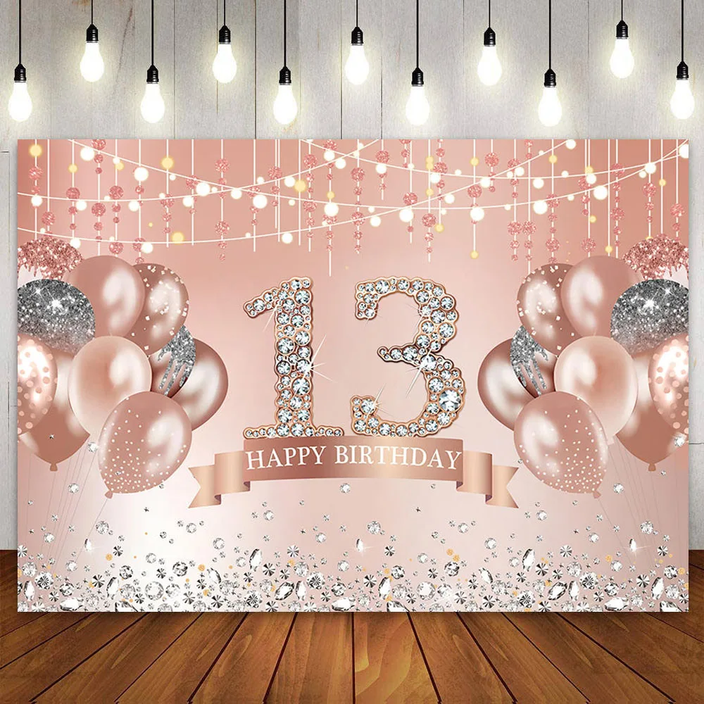 

Happy 13th Birthday Backdrop for Girls Thirteen Years Old Pink Rose Gold 13 Bday Party Decoration Banner Photography Background