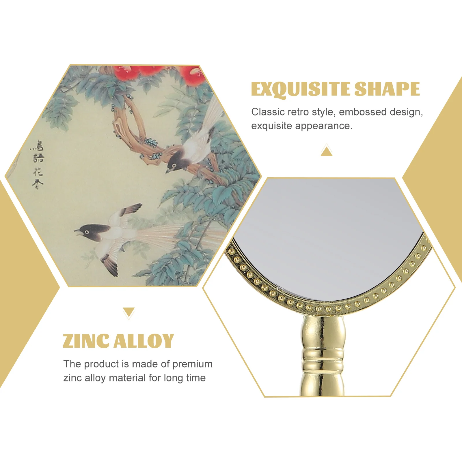 กระจกมือถือแบบพกพา ดีไซน์วินเทจ พื้นผิวความละเอียดสูง กระจกมือถือแบบพกพาสำหรับผู้หญิง ด้ามจับตามหลักสรีรศาสตร์ขนาดกะทัดรัด