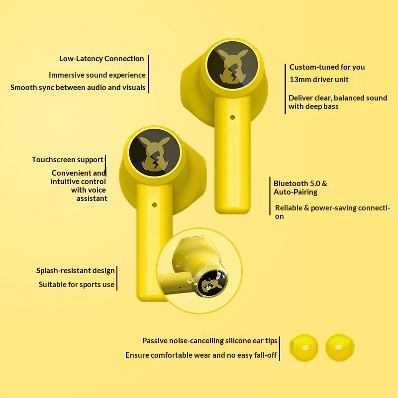 

Pokemon Pikachu Bluetooth 5.0 Wireless Earbuds with Pokeball Charger Box Gaming Noise Reduction Headphones Birthday Present