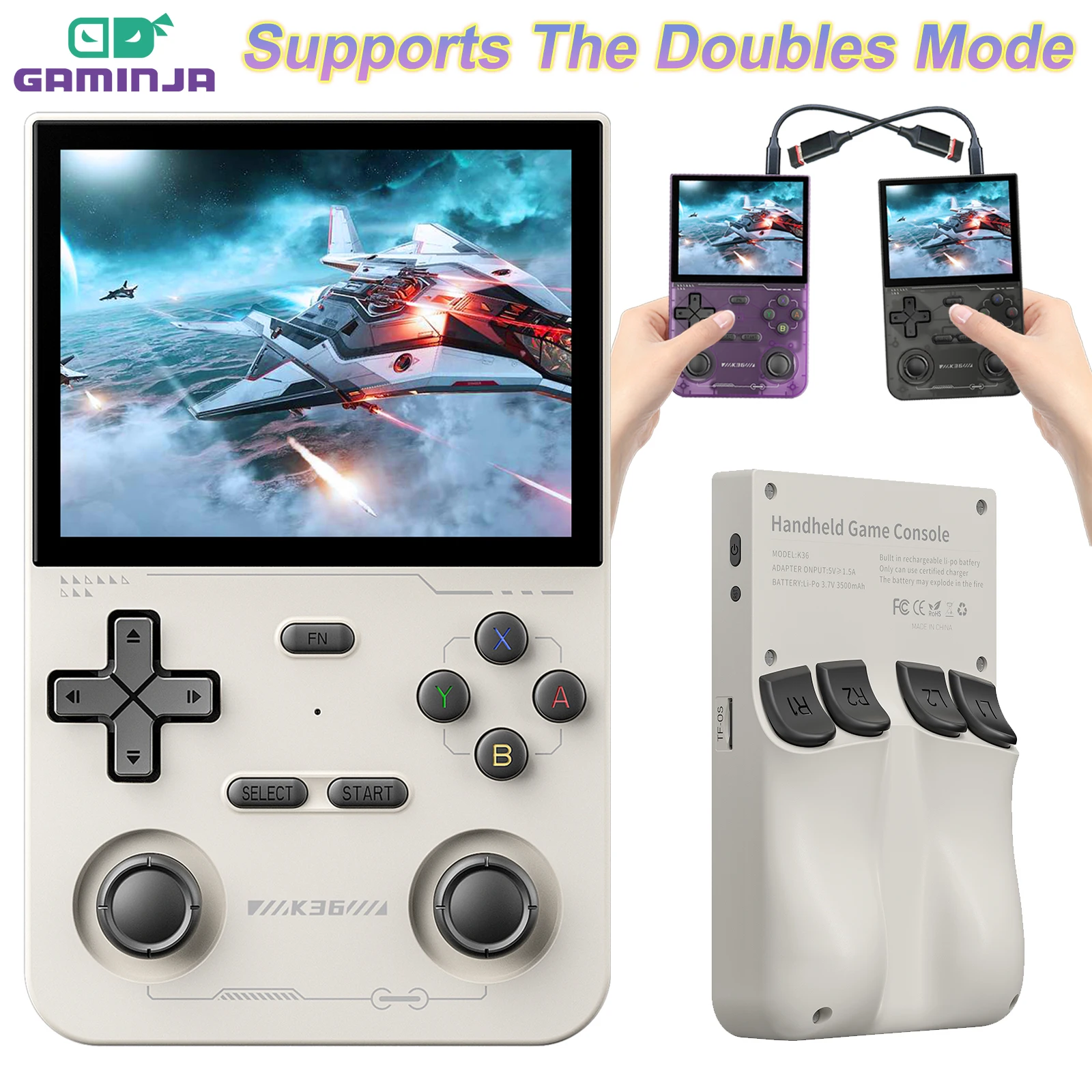 

GAMINJA K36 Handheld Game Console 3.5Inch IPS 640x480 Screen Built in 64GB Card Support Two Game Consolesto Play Together Online