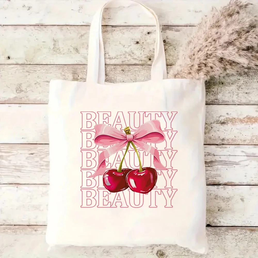 

Beauty Cherry Bow Canvas Tote Bag Coquette Style Reusable Shoulder Bag