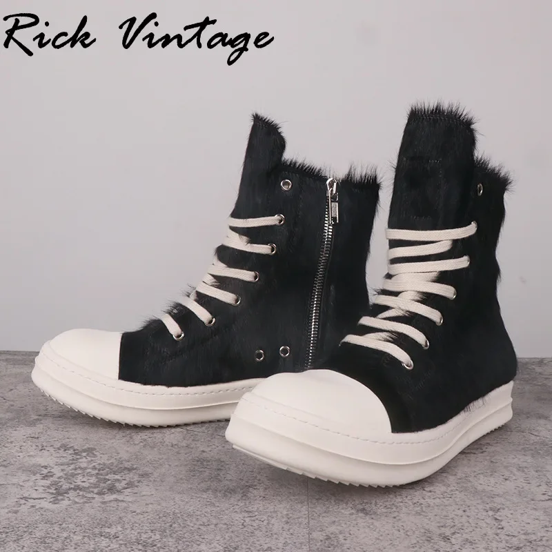 Rick Vintage High Top Shoes Women Leather Black Horse Fur Ro Owenss Thick Sole Increased Street Casual Sneakers Ankle Boots Men