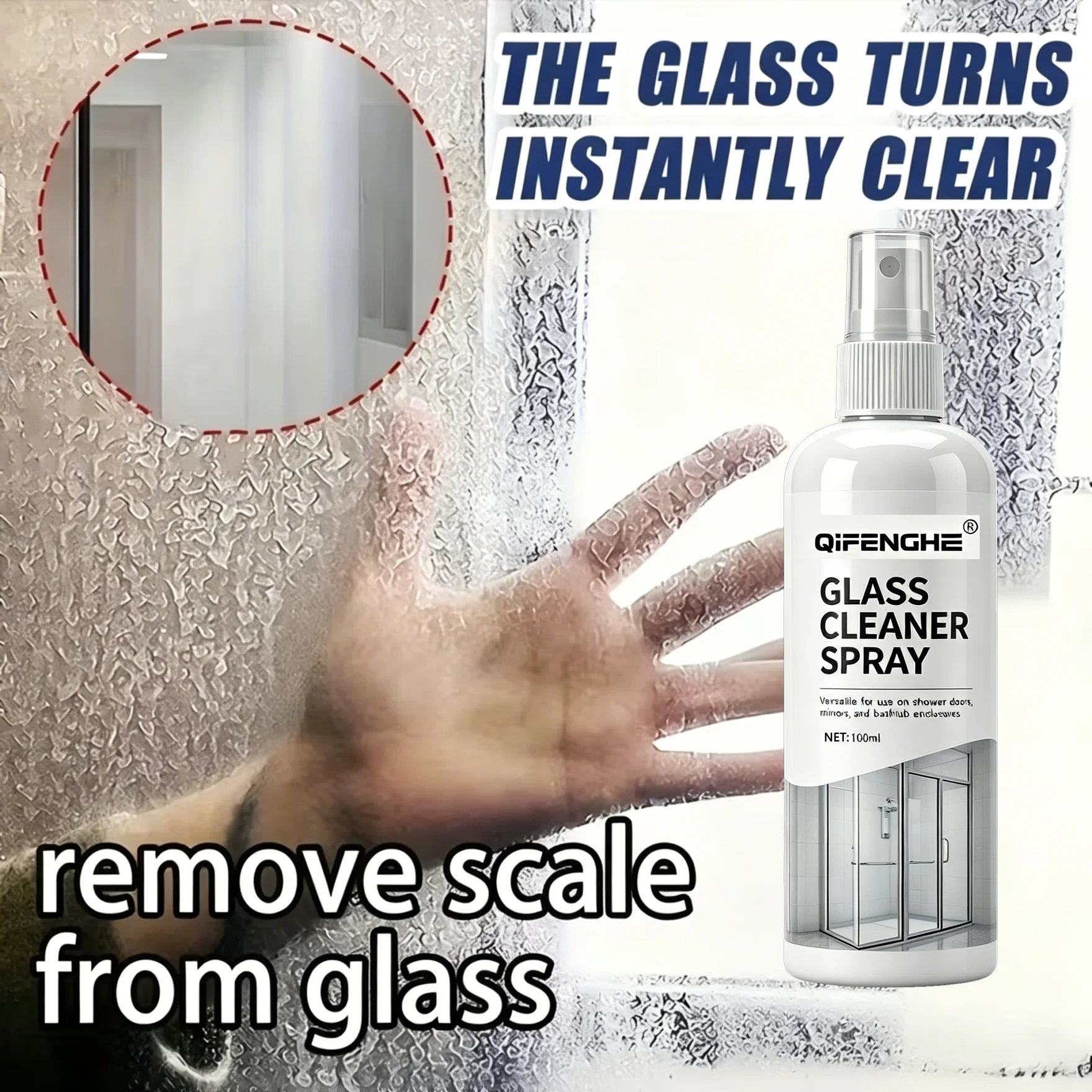 Glasreiniger-Spray 100ml - Multifunktionaler Badezimmer-Glasreiniger Entfernt Hartwasserflecken Kalkablagerungen, Macht Glas Klar