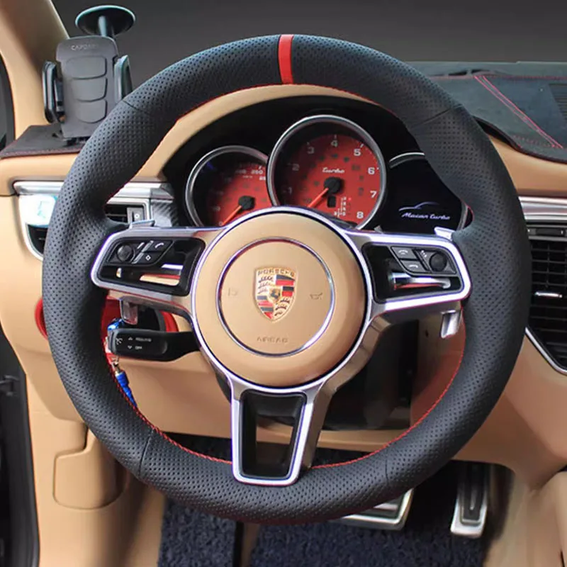 hand-stitched Wine red genuine Leather non-slip car steering wheel cover for Porsche Taycan Cayenne Macan Panamera 718 911
