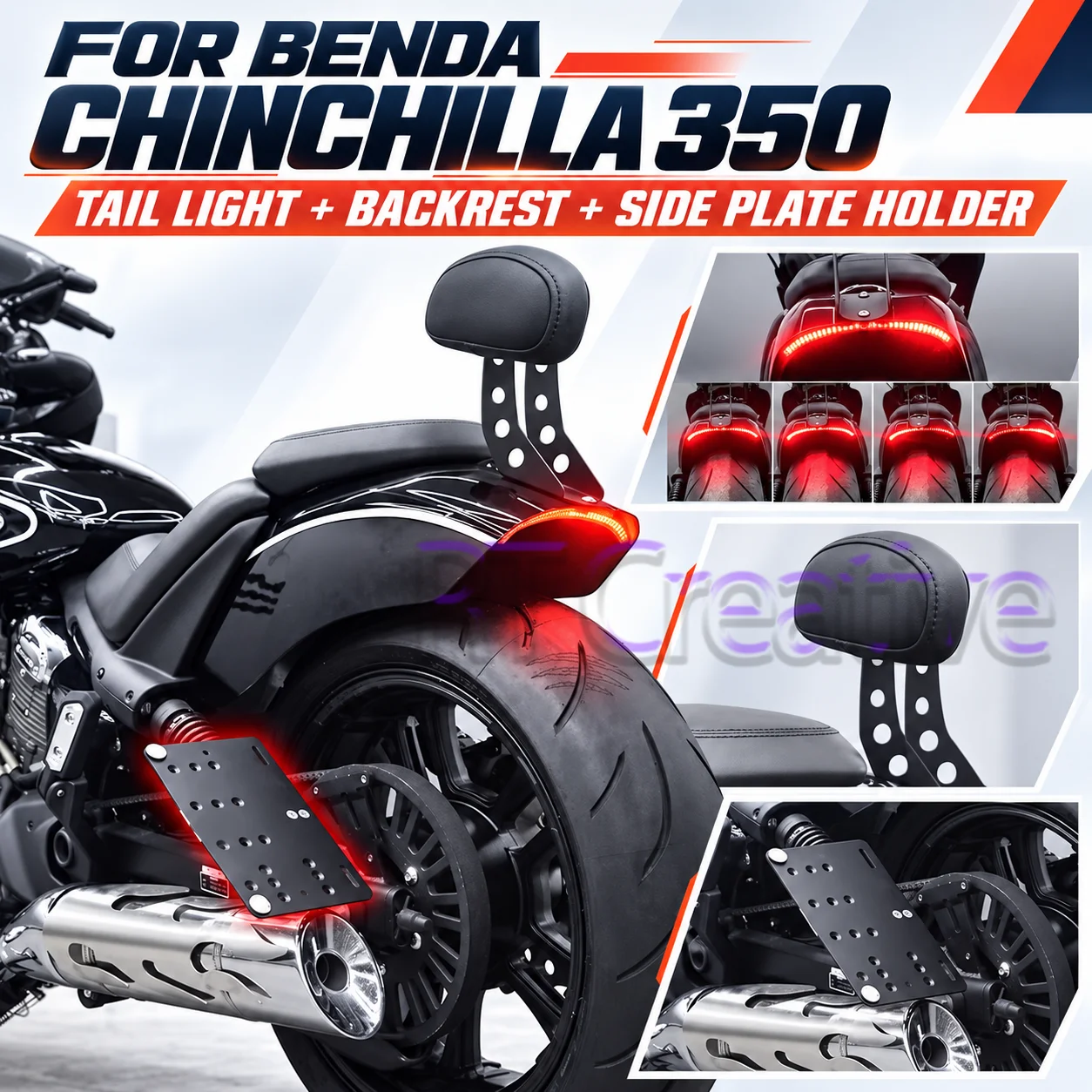 Side Mount License Plate Bracket + Passenger Backrest For BENDA Chinchilla 350, Motorcycle Rear