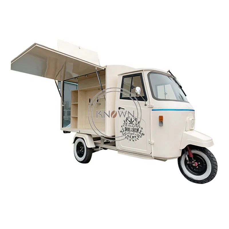 Triciclo eléctrico Tuk móvil, carrito de madera para comida Piaggio Ape, carrito de café, gran oferta