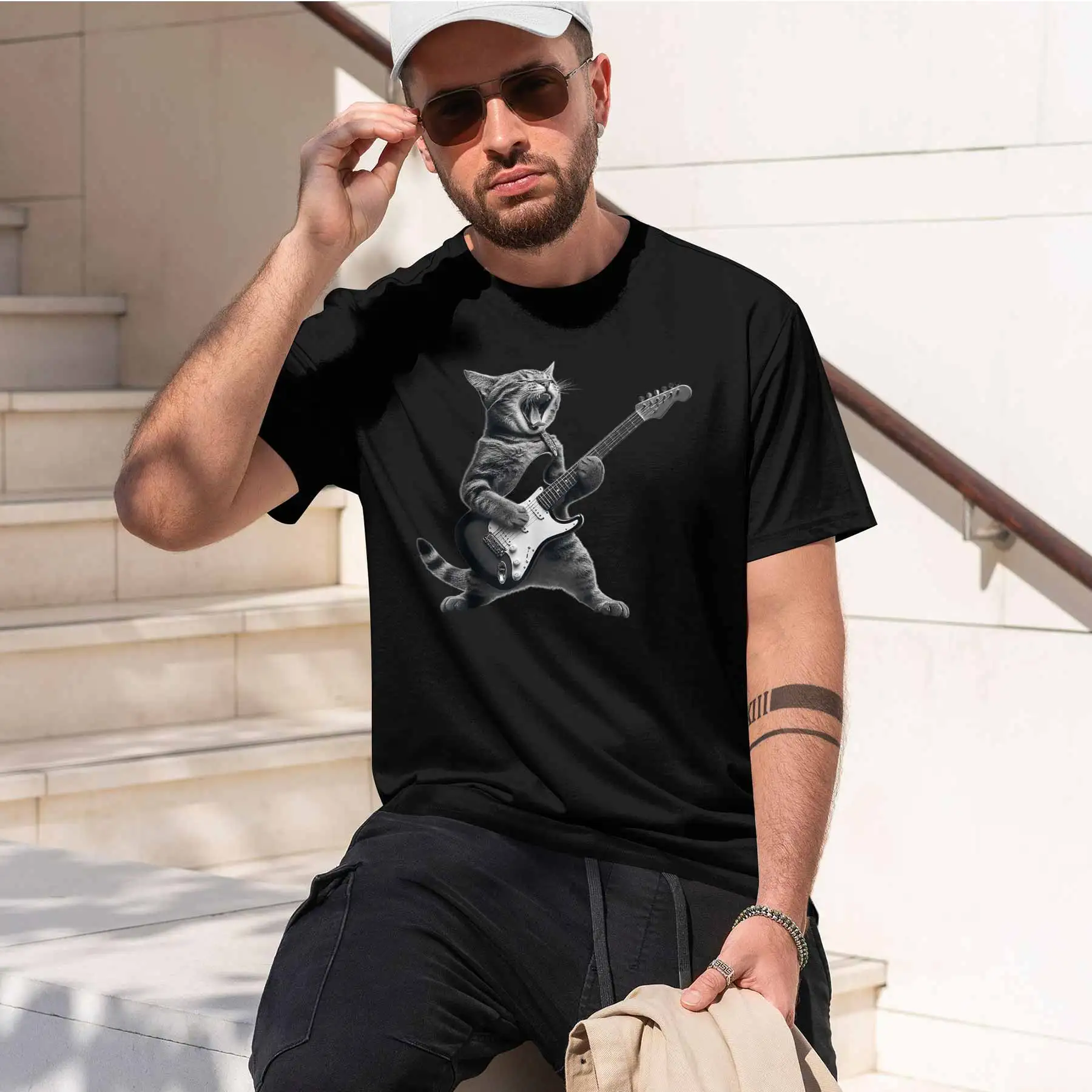 2026 new printed T-shirt printed with Men's Fun Rock Cat Playing Guitar Print T-shirt Casual Loose Crew Neck Animal Pattern To