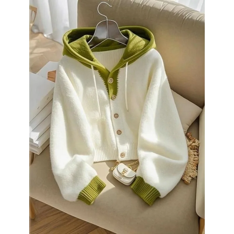 

Contrast Color Knitted Cardigan Soft Waxy Hooded Sweater Autumn and Winter Women's New Korean Style Non-contrast Top