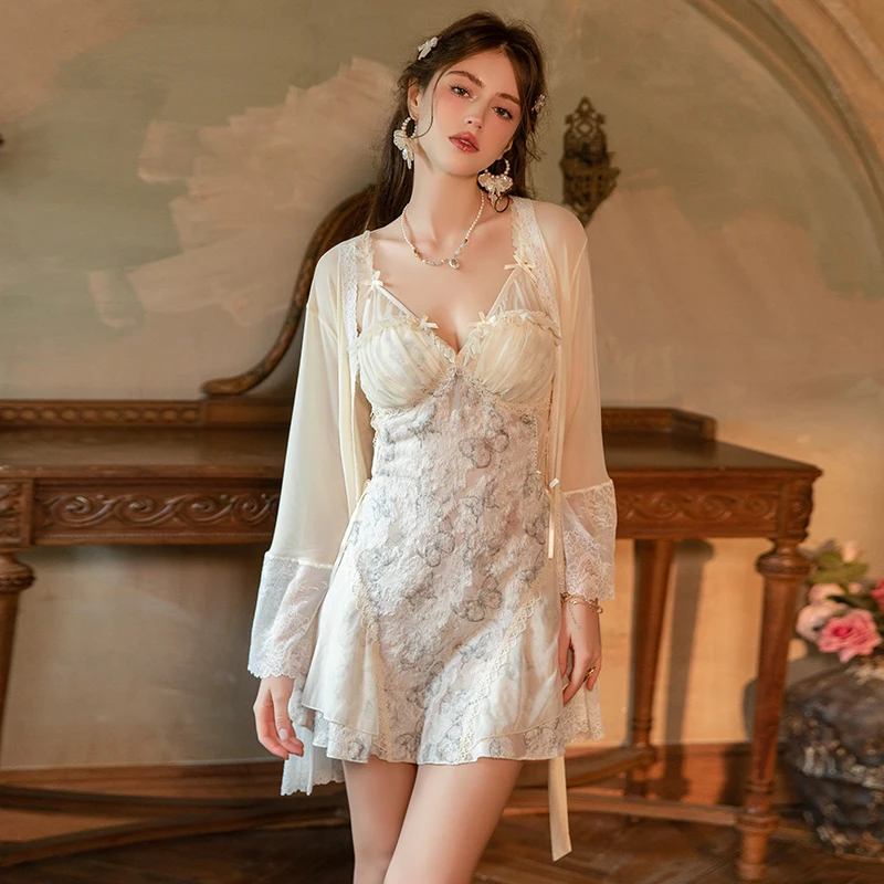 French thin lace bow sexy perspective deep V with chest cushion plush butterfly chiffon nightgown outerwear home suit set