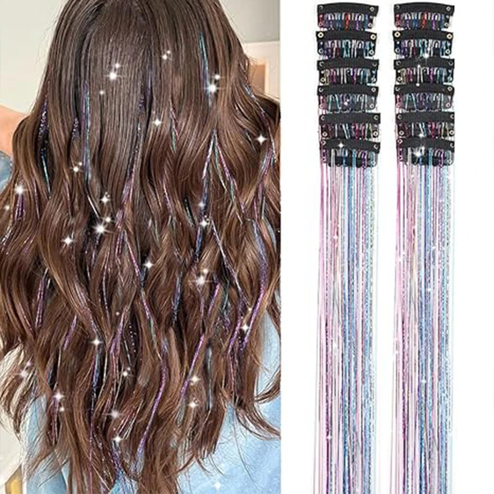 Clip per orpelli per capelli in 19,7" Estensioni per capelli con orpelli glitter Clip sintetica in accessori per capelli scintillanti per bambini Ragazze Donne