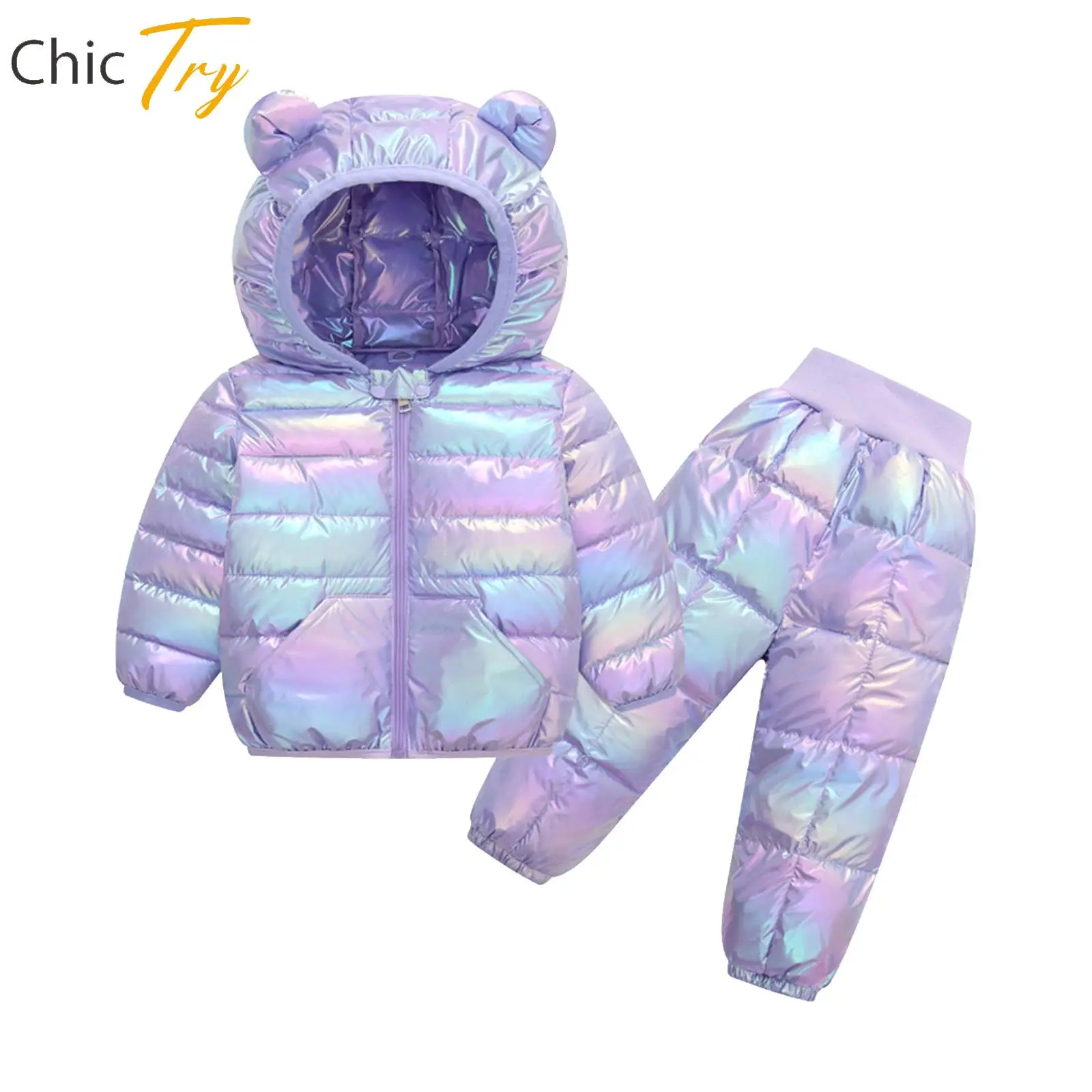Traje de nieve metálico de calentamiento para niños y niñas, traje de esquí acolchado, traje deportivo de moda, chaqueta con capucha y pantalones con orejas de oso y cremallera de manga larga