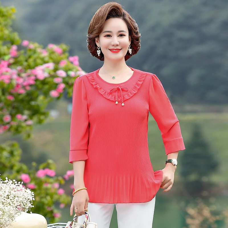 Pink Blouse Women Chiffon Ruffles Solid Loose Fit Womens Tops And Blouses Casual O Neck Flare Sleeve Plus Size Shirts Tunic