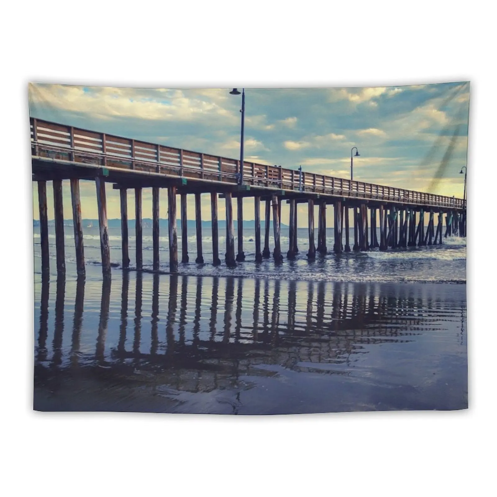 

Just Wandering photo of Cayucos Pier with Morro Bay in the background Tapestry Custom Wall Hanging Wall Tapestry
