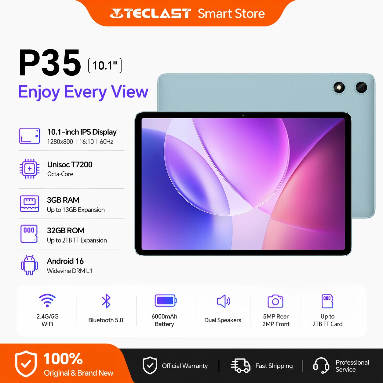 Teclast P35 Tablet PC 10.1 Inch IPS Android 16 Gemini AI 3GB+32GB 2TB TF Widevine L1 Netflix 6000mAh WiFi 5 Dual Speakers Kids