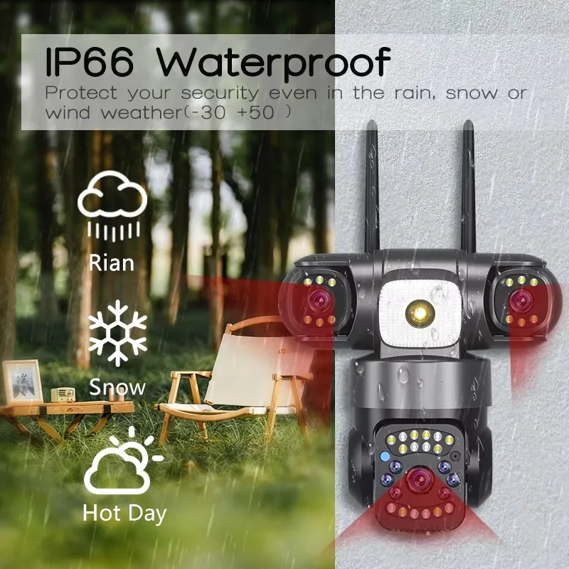 12MP 6K Three Len Three Screen WiFi Camera Outdoor Security Cam PTZ 360° Security Protection CCTV Surveillance Cam V380