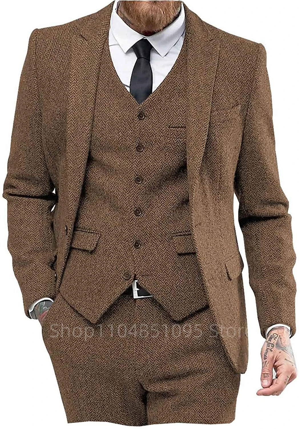 

Brown/Black Herringbone Tweed Wool Men Suits For Business Winter Vintage Notched Lapel 3 Piece Jacket Vest Pants for Wedding