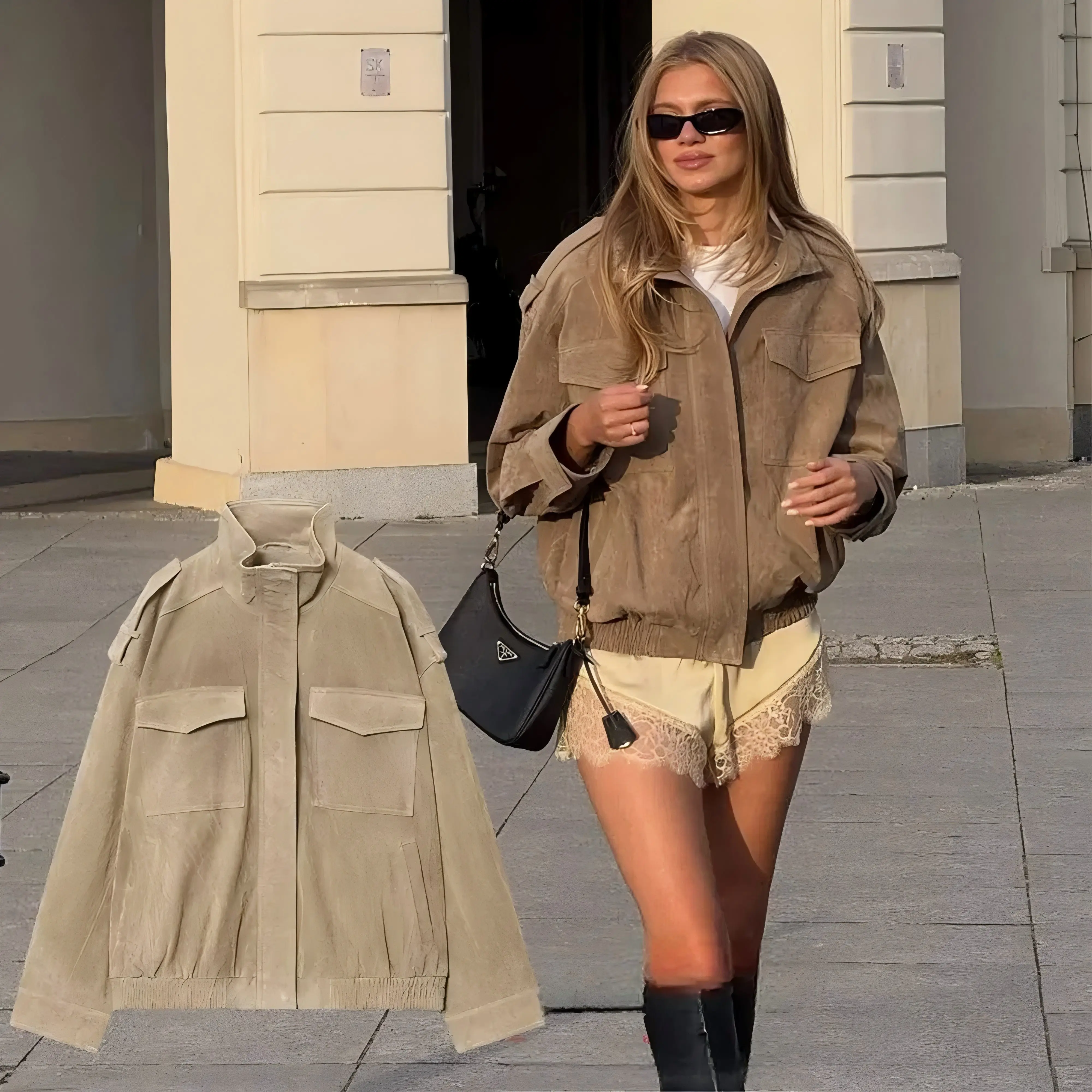 Kondala Chic Suede Vrouwen Bomberjack Vrouwen Lange Mouwen Zakken Rechte Losse Jas Mode 2025, Herfst Winter Streetwear Uitloper