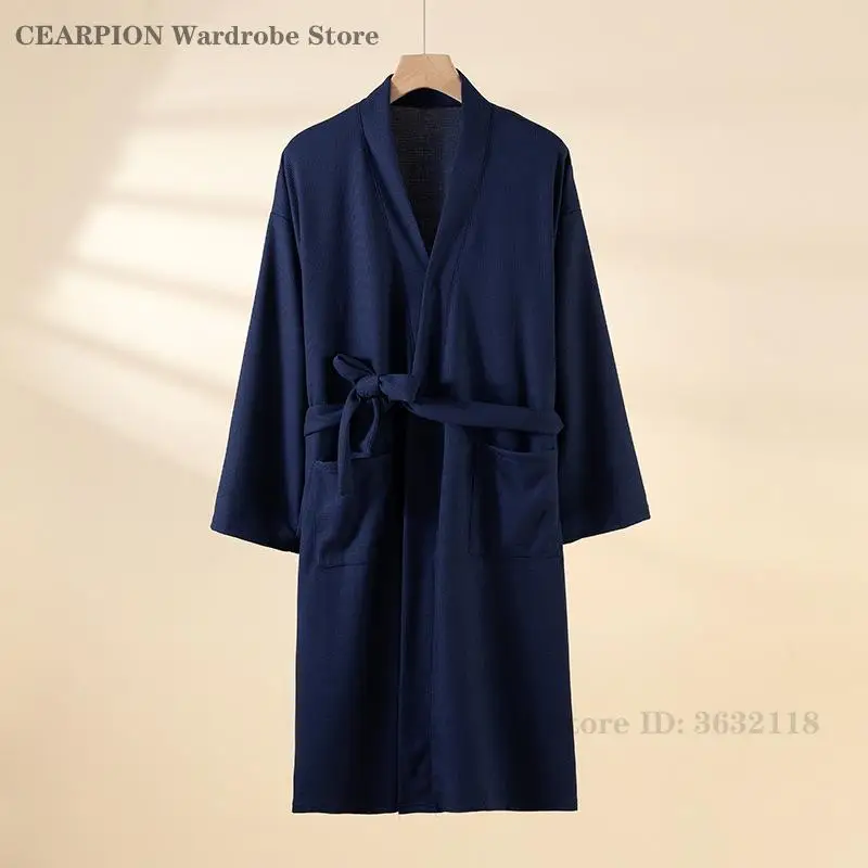 Spring Autumn New Robe Solid Color Couple Bathrobe Kimono Gown Waffle Casual Sleepwear Loose Nightgown Home Clothes Loungewear 3