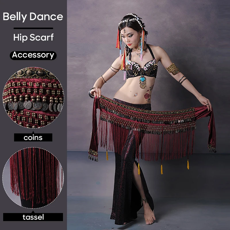 

Belly Dance Hip Scarf Belt Accessories Tassel Wine Red Ethnotribal Dance Costume For Adult Women Stage Performance Practice