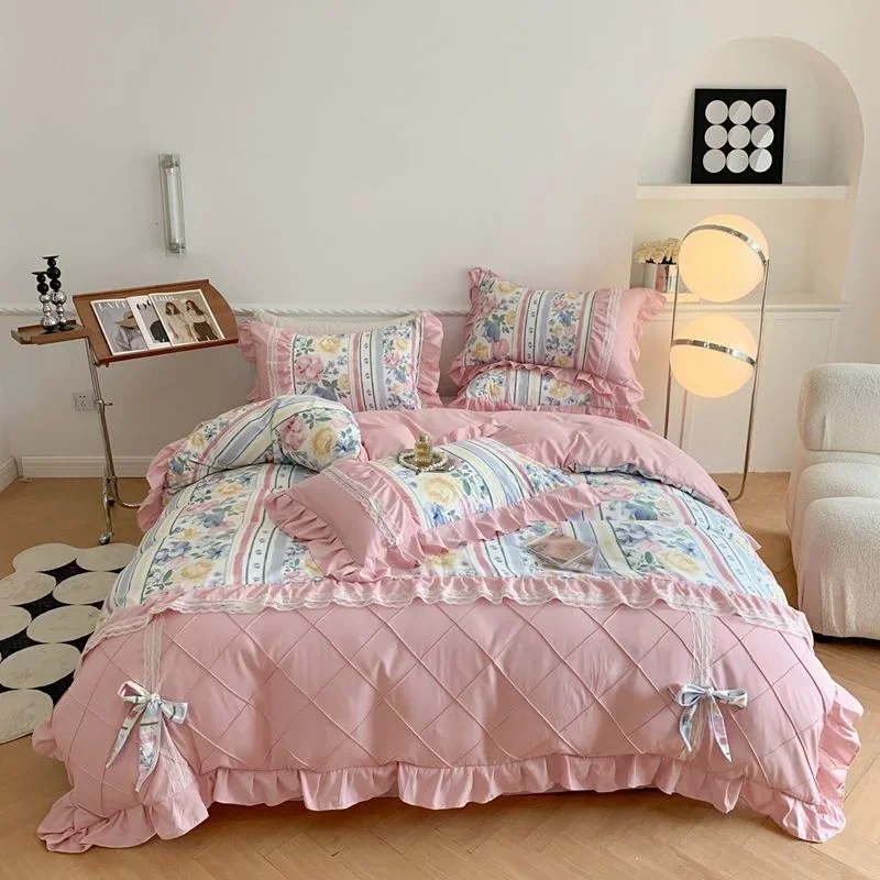 

Princess Bow Korean Duvet Cover With Ruffle Lace Luxury Bedding Set Bed Sheet For Girls Flower Bedspread Decor Home