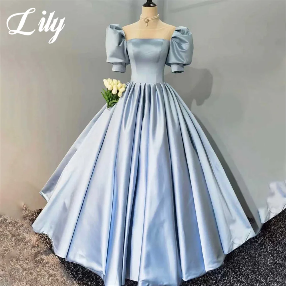 Lily Sky Blue Woman Evening Dress Strapless A-Line Prom Dress Sexy Regular Sleeves Night Dresses Gown with Pleats Satin 프롬 드레스