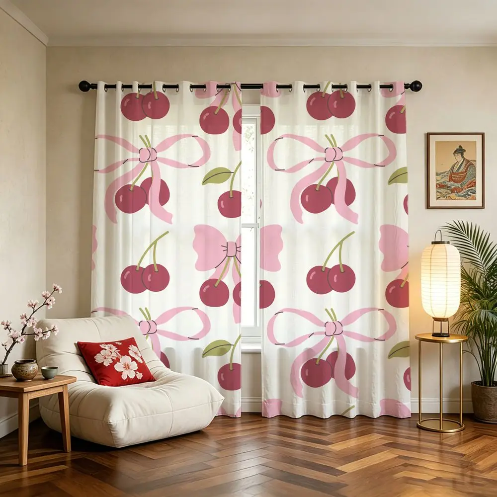 2 Panels Bowknot Printed Curtains Soft Fabric Aesthetic Window Drapes For Bedroom Living Room Home Decor
