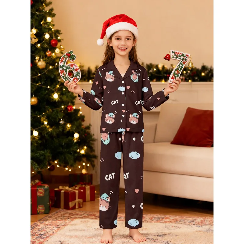 Girls Lapel Pajama Set Long Sleeve Nightwear Assorted Cat Unicorn Monster Truck Reindeer Santa Prints Perfect Birthday Xmas Gift