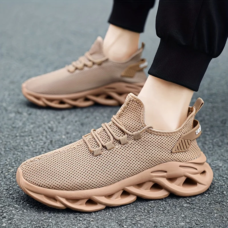 Plus Size Men's Trendy Solid Woven Knit Breathable Blade Type Sneakers, Comfy Non Slip Lace Up Soft Sole Shoes For Men's Outdoor