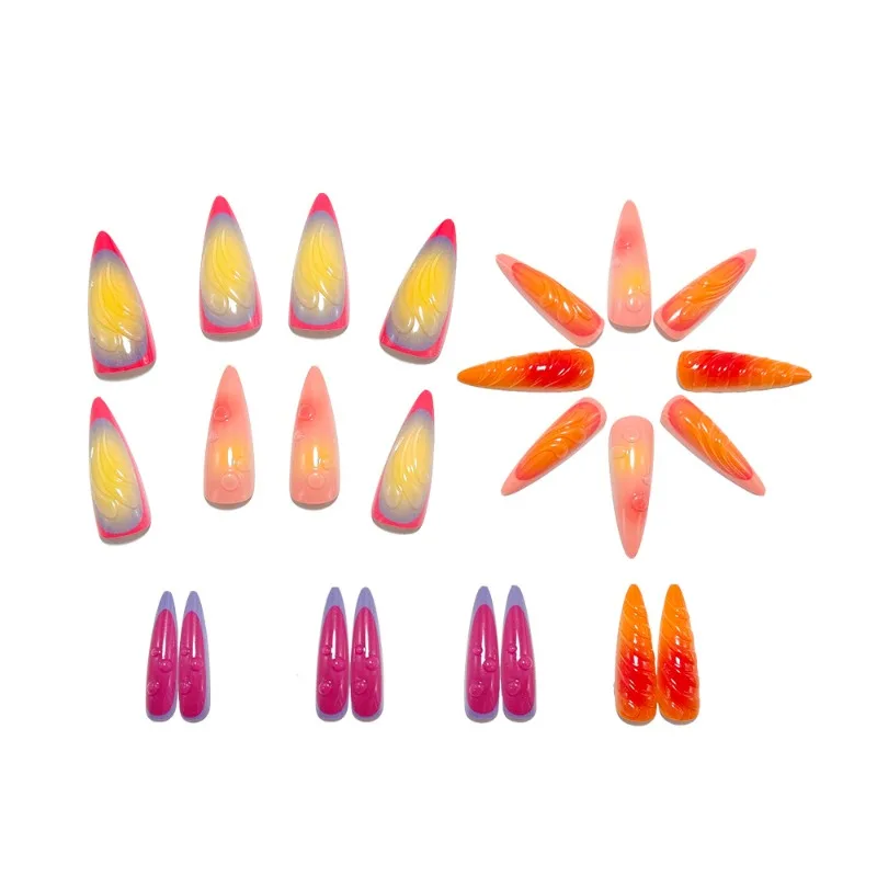 24Pcs Y2k Colorful Long Stiletto Press on Nails 3D Swirl Bubble Design Fake Nails Neon Pink Orange Gradient French Acrylic Nails