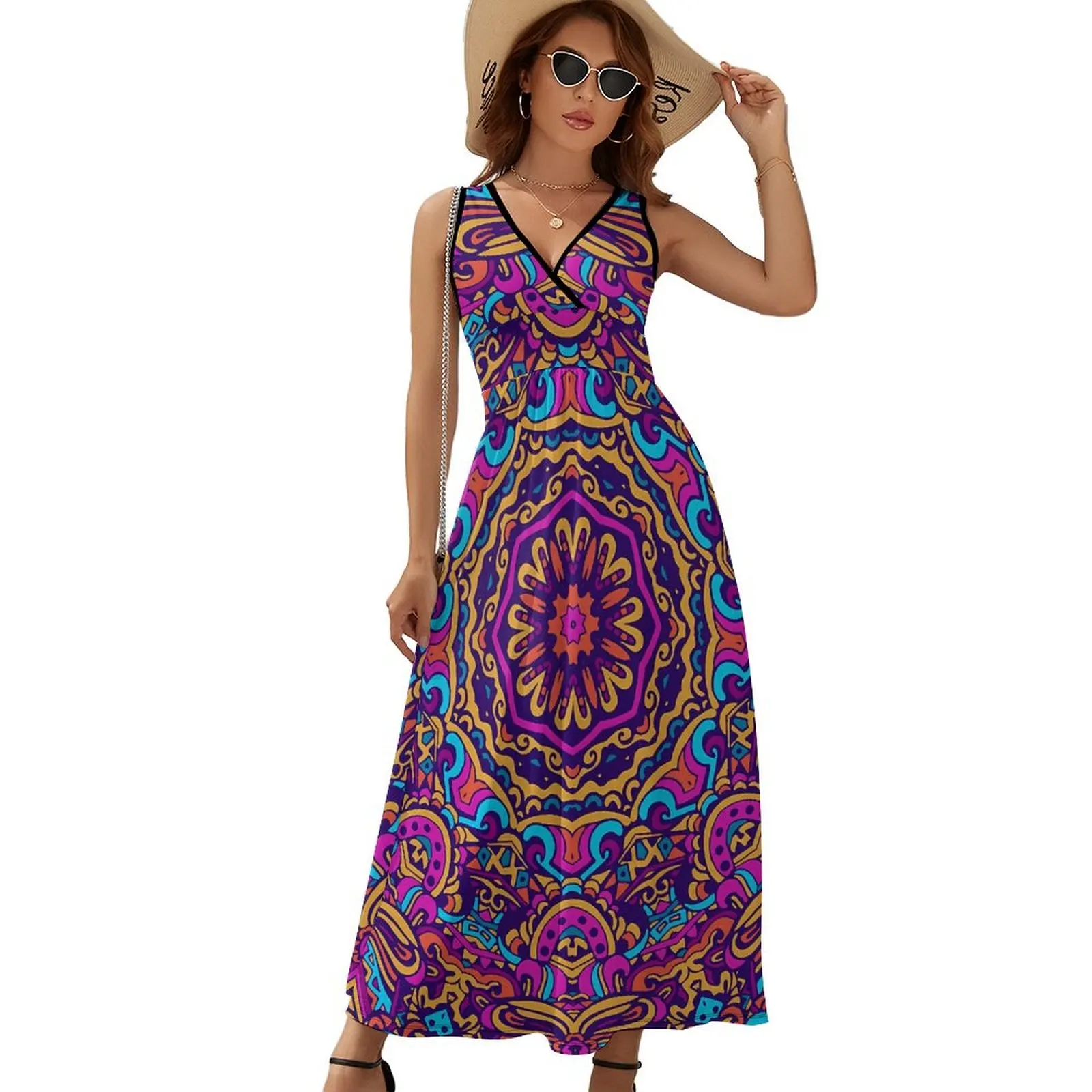 

Vintage Ethnic Dress Colorful Tribal Print Kawaii Maxi Dress V Neck Custom Bohemia Long Dresses Aesthetic Oversized Clothing