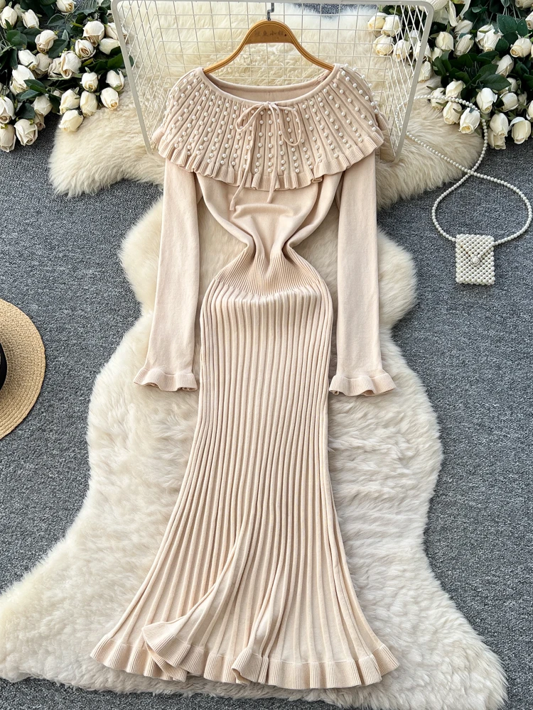 Ele vestido sin hombros con adornos de perlas largo Sve adelgazante diseño de cintura alta coreano Sle A-Line Dr para mujer