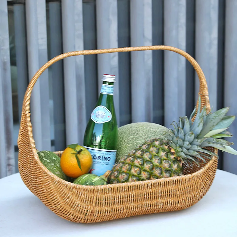 Woven Storage Basket Tray With Handle Imitation Rattan Basket Bread Fruit Cake Food Plate Serving Tray for Home kitchen