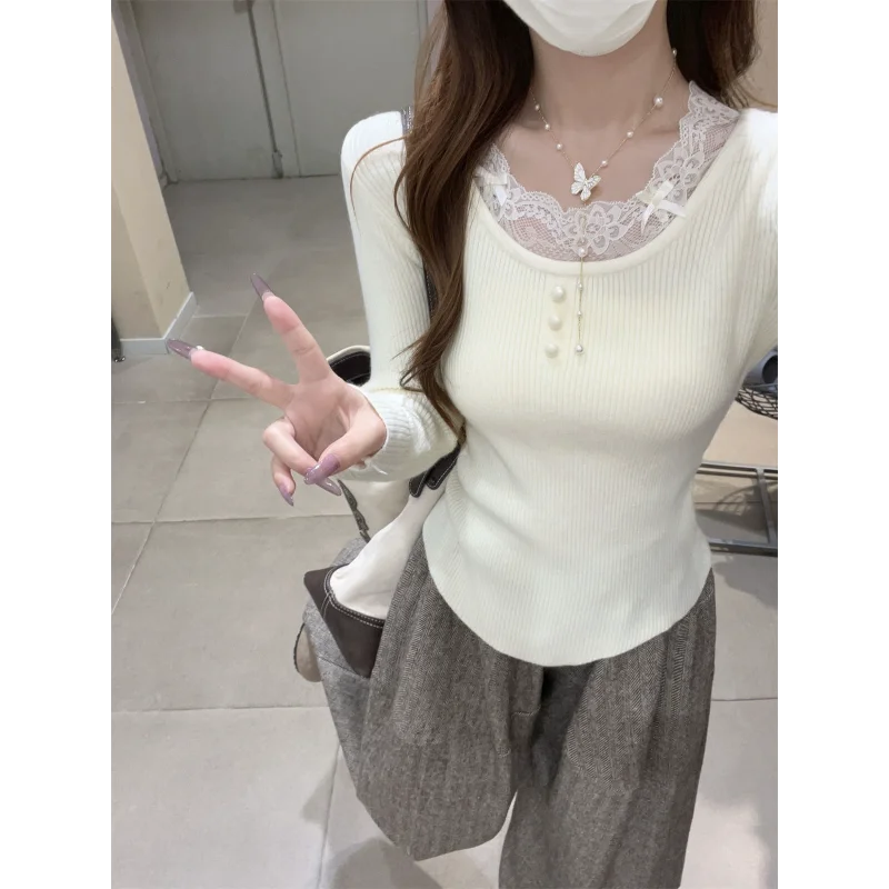 Кружевной сращенный женский осенне-зимний новый свитер с длинными рукавами, тонкая базовая рубашка, топ