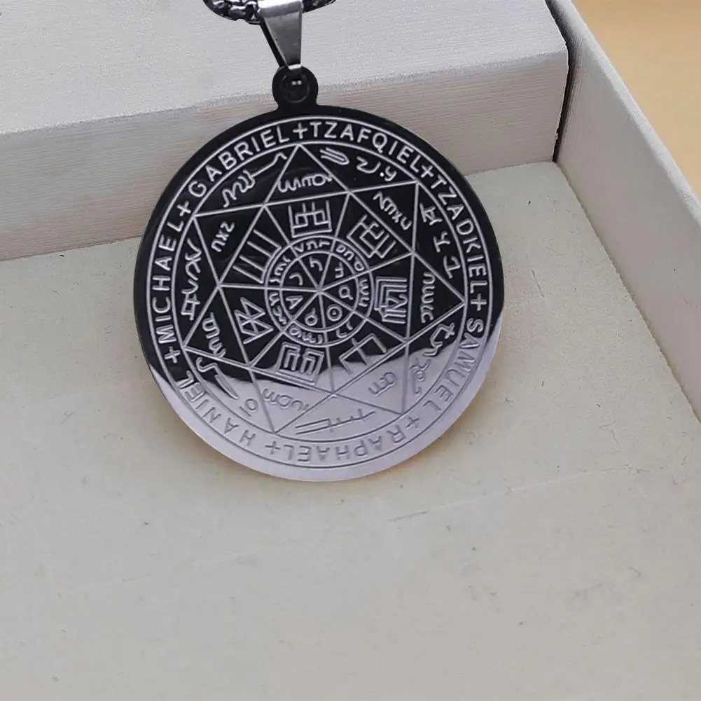 Round Stainless Steel Necklace Men's Stainless Steel Necklace Seven Angel Solomon Pendant Hollow Round Clavicle Chain