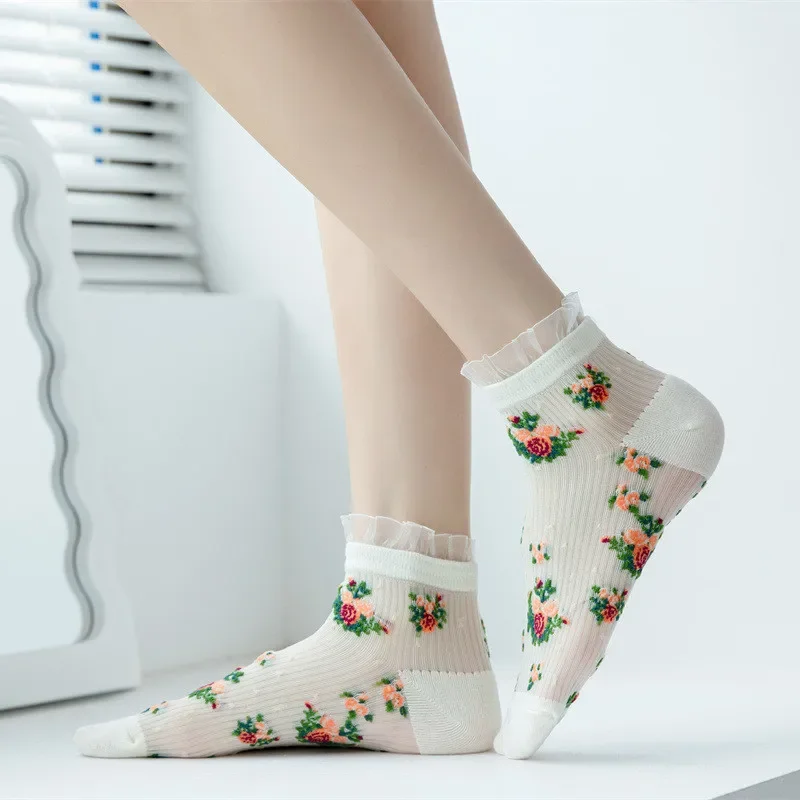 Lolita Lace Ruffle Socks Floral Embroidery Harajuku Vintage Short Socks Women Summer Ultra-thin Transparent Crystal Silk Socks image 5