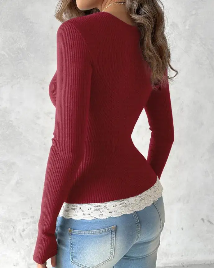 

Top Women 2025 Spring Autumn New Square Neck Half Button Decor Lace Spliced Tee Long Sleeve Slim Fit Ribbed Layering Top