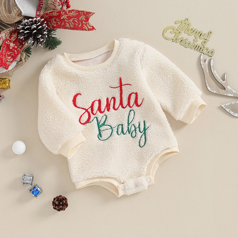 Christmas Baby Romper with Long Sleeves and Round Neck featuring Letter and Deer Embroidery Cozy Fleece Infant Outfit