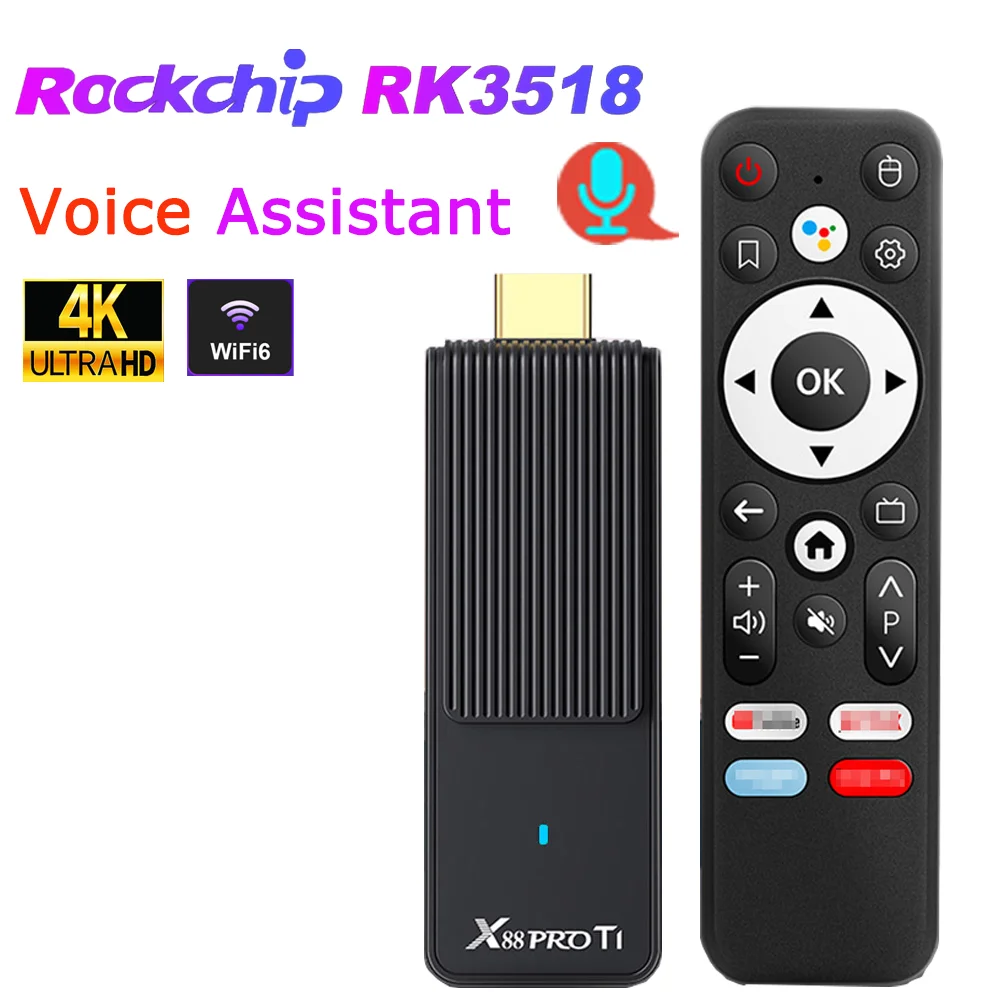 Android14.0 RK3518 TV Stick Rockchip Quad Core 4K HDR Wifi6 BT5 Voice Assistant Remote Game Media Player Smart TV Box X88 PRO