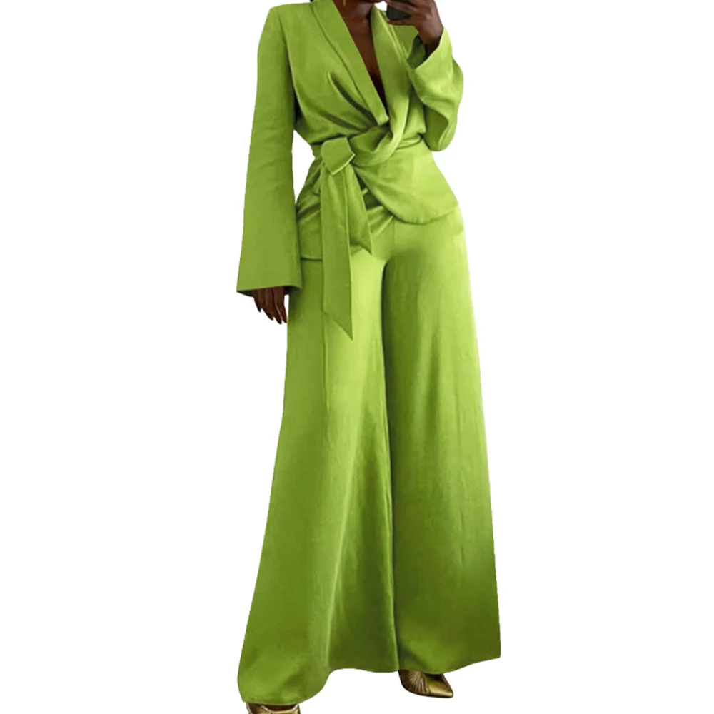 

Two Pieces Outfit Solid Color Notched Blazer Coat High Waist Wide Leg Pants Two Piece Casual Suit