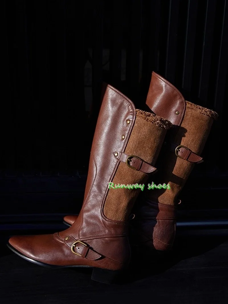 

Winter Genuine Leather Retro Style Western Cowboy Boots Shearling Color-Blocked Low Heels Mid-Calf Boots Luxury Boots