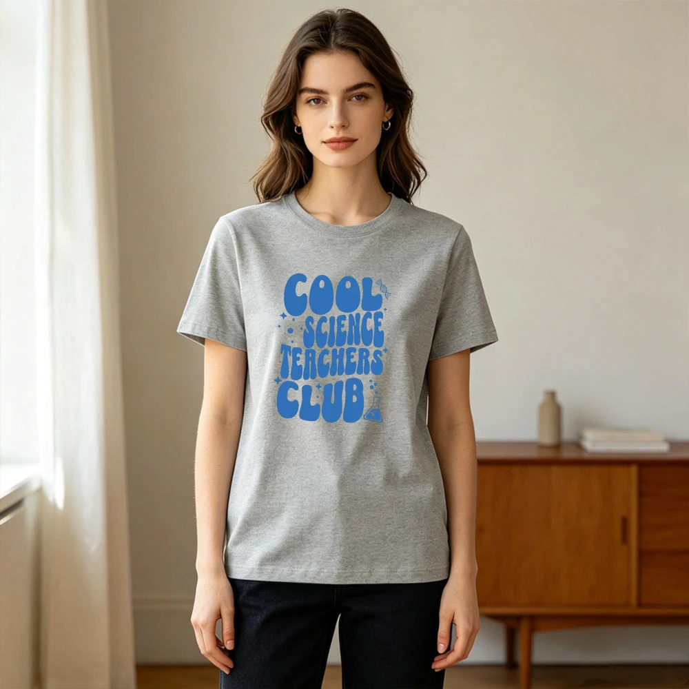 Cool Science Teachers Club Blue Bubble Letter Lab Elements Women Cotton T Shirt Educator Simple Text Casual Holiday Travel Top