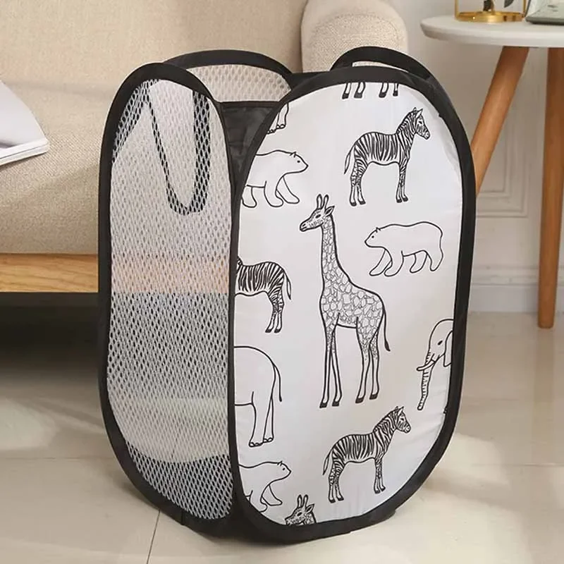 1Pc Cartoon Foldable Laundry Basket Large Capacity Organizer Basket for Household Dirty Clothes Nylon Mesh Bag for Toy Storage